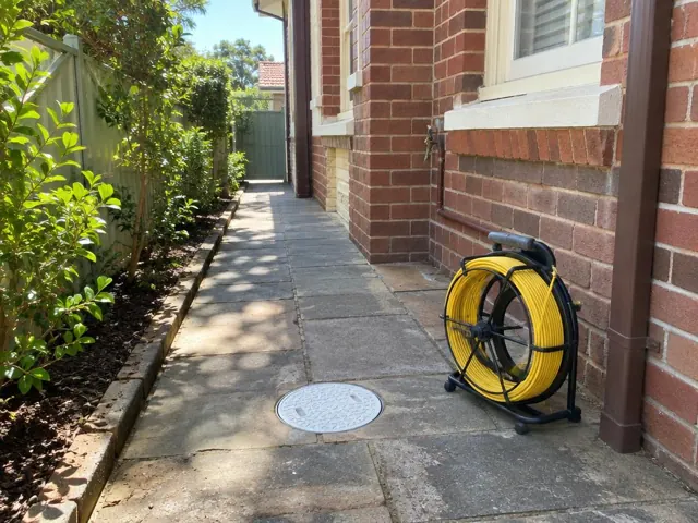 Capped inspection opening beside a drain camera reel on a paved side path by a brick house in Hornsby