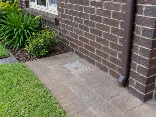 Capped inspection opening in paved side yard beside brick wall and garden in Waitara